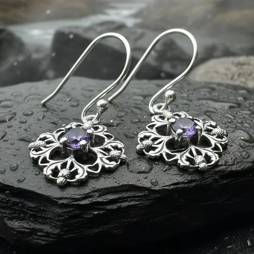 Thistle Earrings Scotland Scottish Amethyst Ladies Girls Dangle Earrings 925