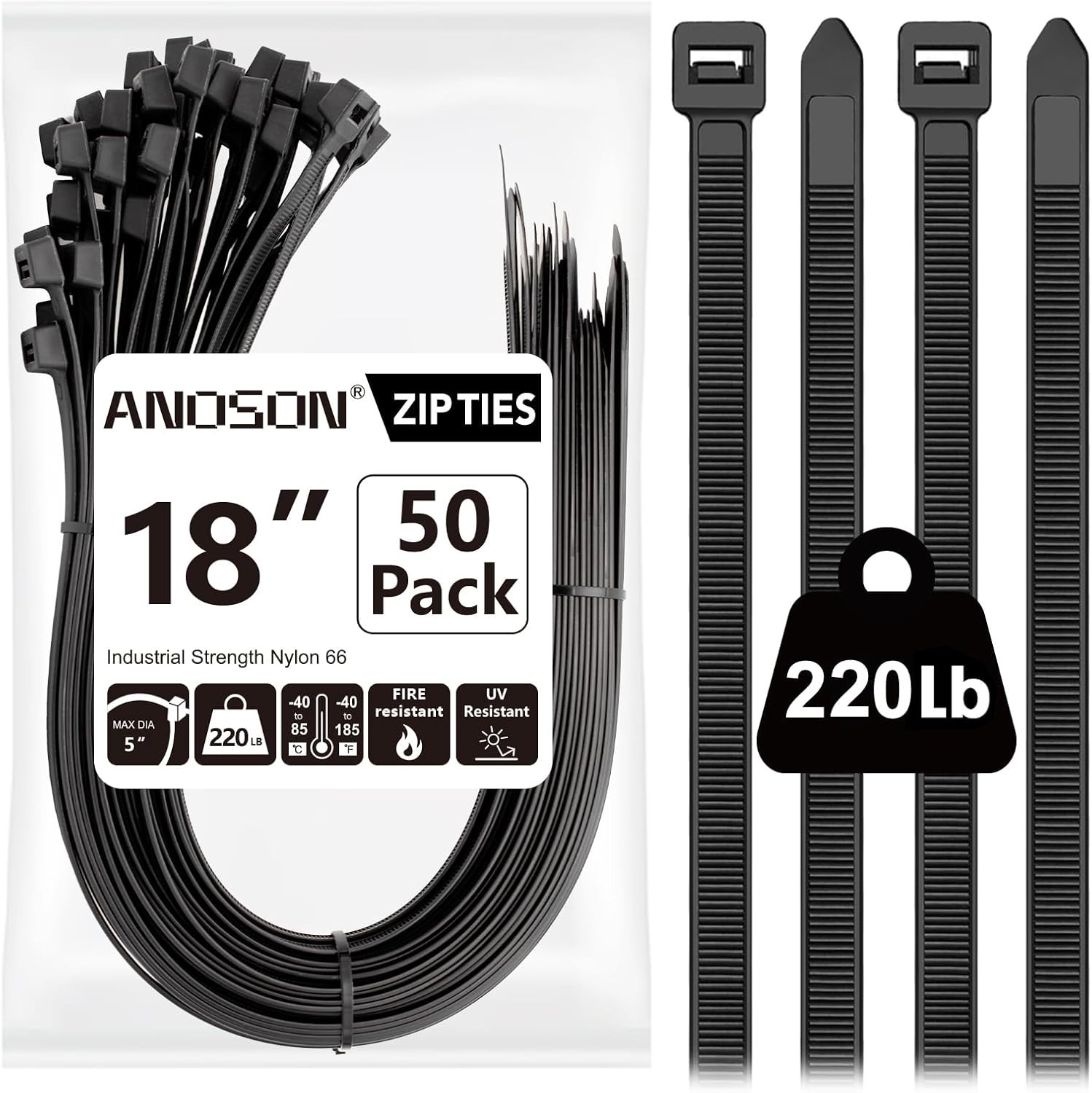 Large Zip Ties 18 Inch (Actual 20 Inch), 50 Pack, Long Zip Ties Heavy Duty with