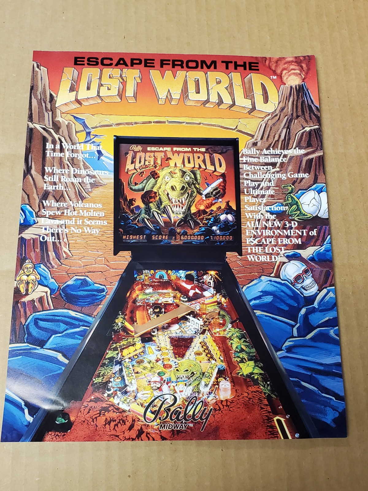 Bally Escape From The LOST WORLD Pinball Game flyer- original