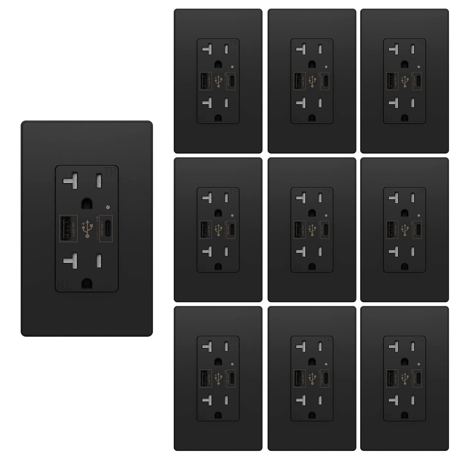 4.8A USB C Outlet PD 24W 125 Volt, 20 Amp Tamper-Resistant Receptacle, 10Pack