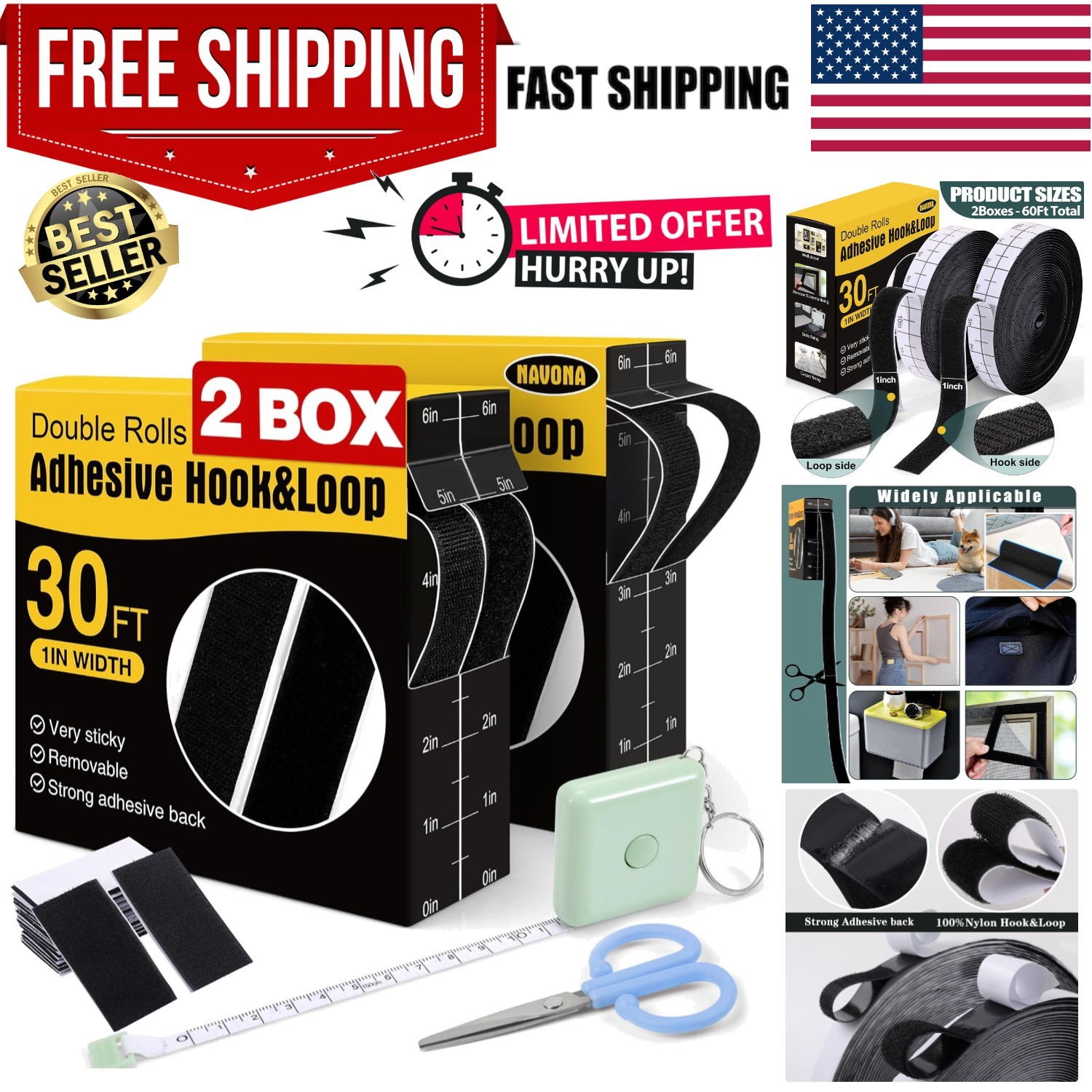 2 Boxes Heavy Duty Hook and Loop Strips with Adhesive, 60Ft Total x 1 Inch Ho...