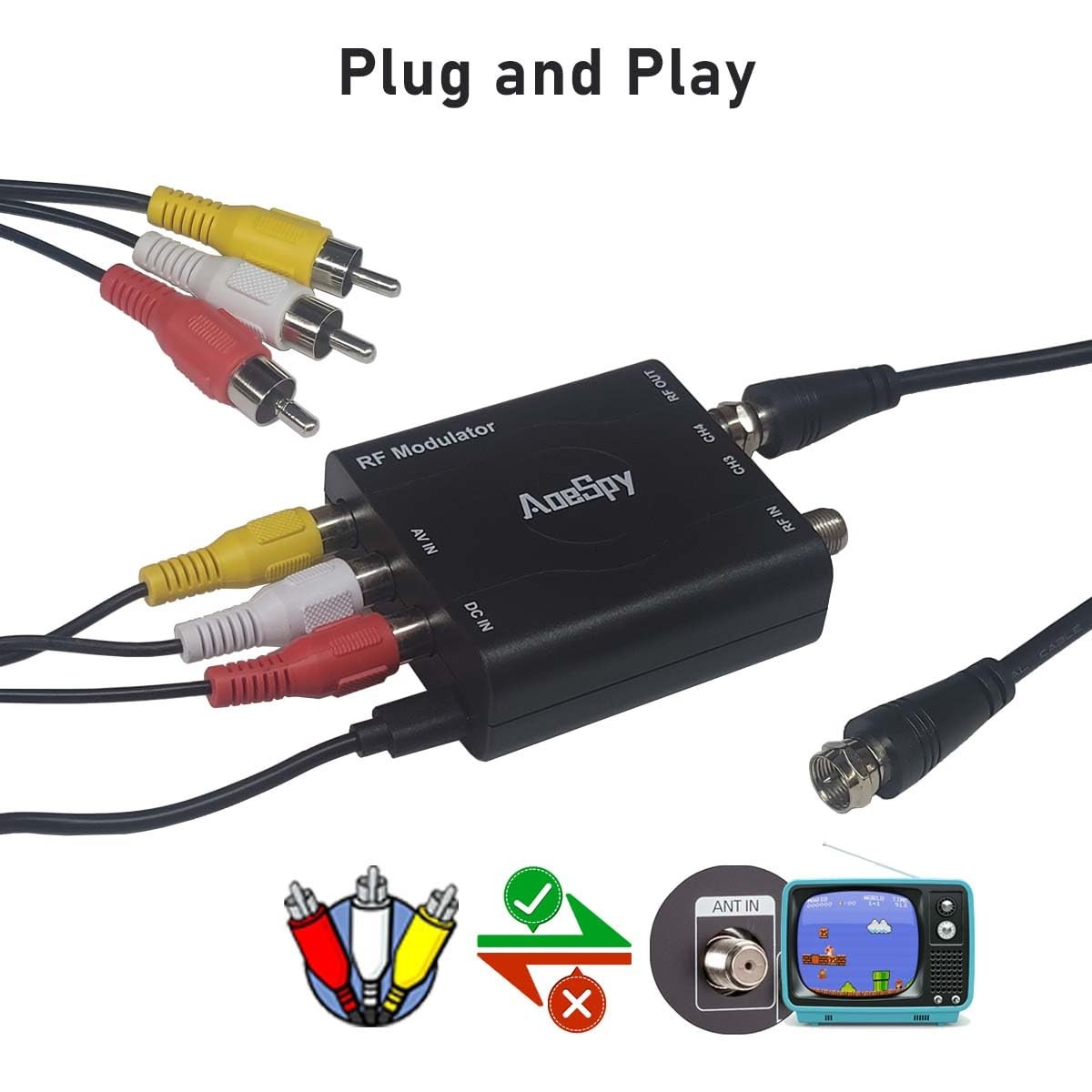 RCA RF Coaxial Modulator VHF Converter CVBS Adapter w/Channel 3/4 Switch for...