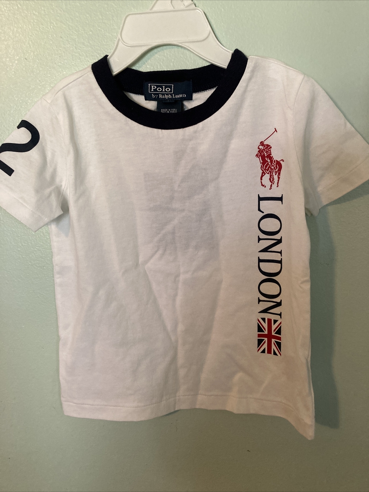 polo ralph lauren t-shirt SS white  London in navy  red polo player/horse 18m