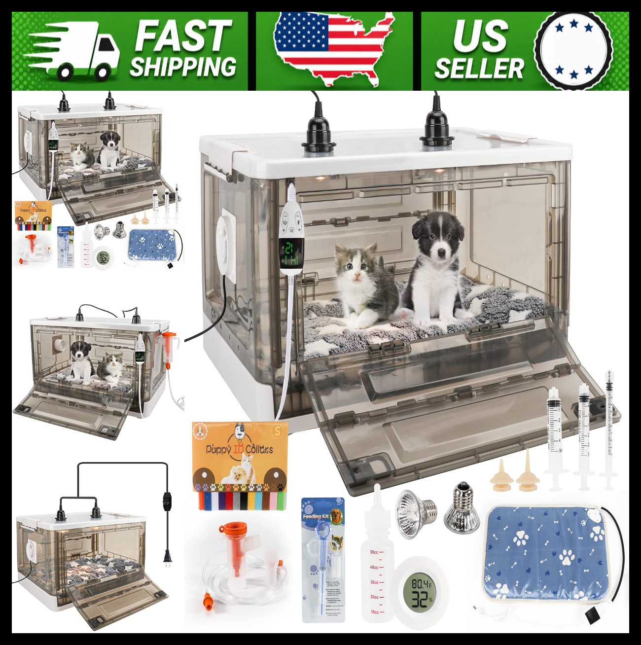 Puppy Incubator with Heating Mat and Fan Ventilation Circulation Design