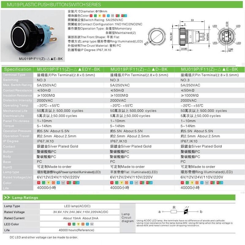 19mm Tri-color LED Black Plastic 2NO 2NC5A 250V Ring LED IP67 Push Button Switch