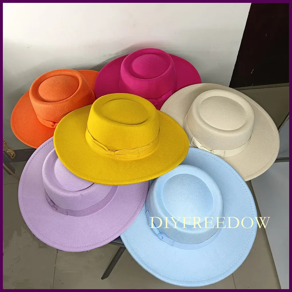 Fedora Hat for Women Men Flat Top Concave Design Autumn Winter Bow Tie Jazz Hat