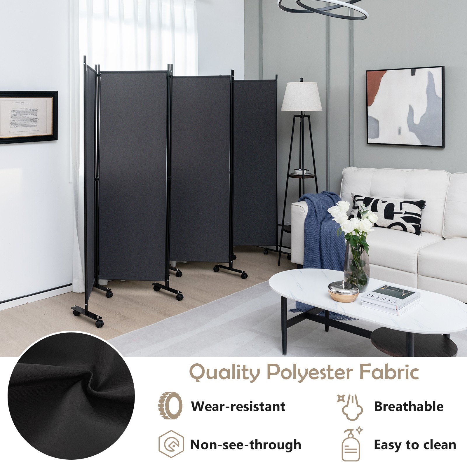 6-Panel Folding Room Divider 6' Rolling Privacy Screen w/ Lockable Wheels Grey