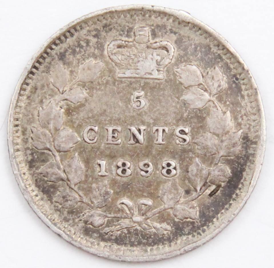 1898 Canada 5 cents silver coin VF obverse rim and neck nick