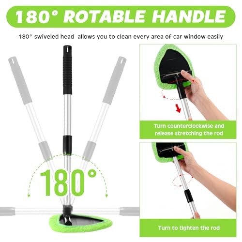 8 Pcs Car Windshield Cleaner Tool Kit with Extendable Handle, Microfiber Green