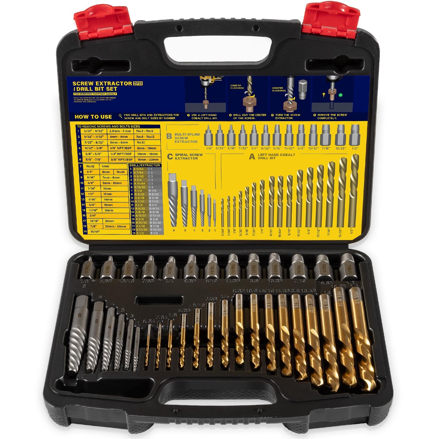 35pcs Master Screw Extractor & Left Hand Drill Bit & Guide Set Bolt Stud Remover