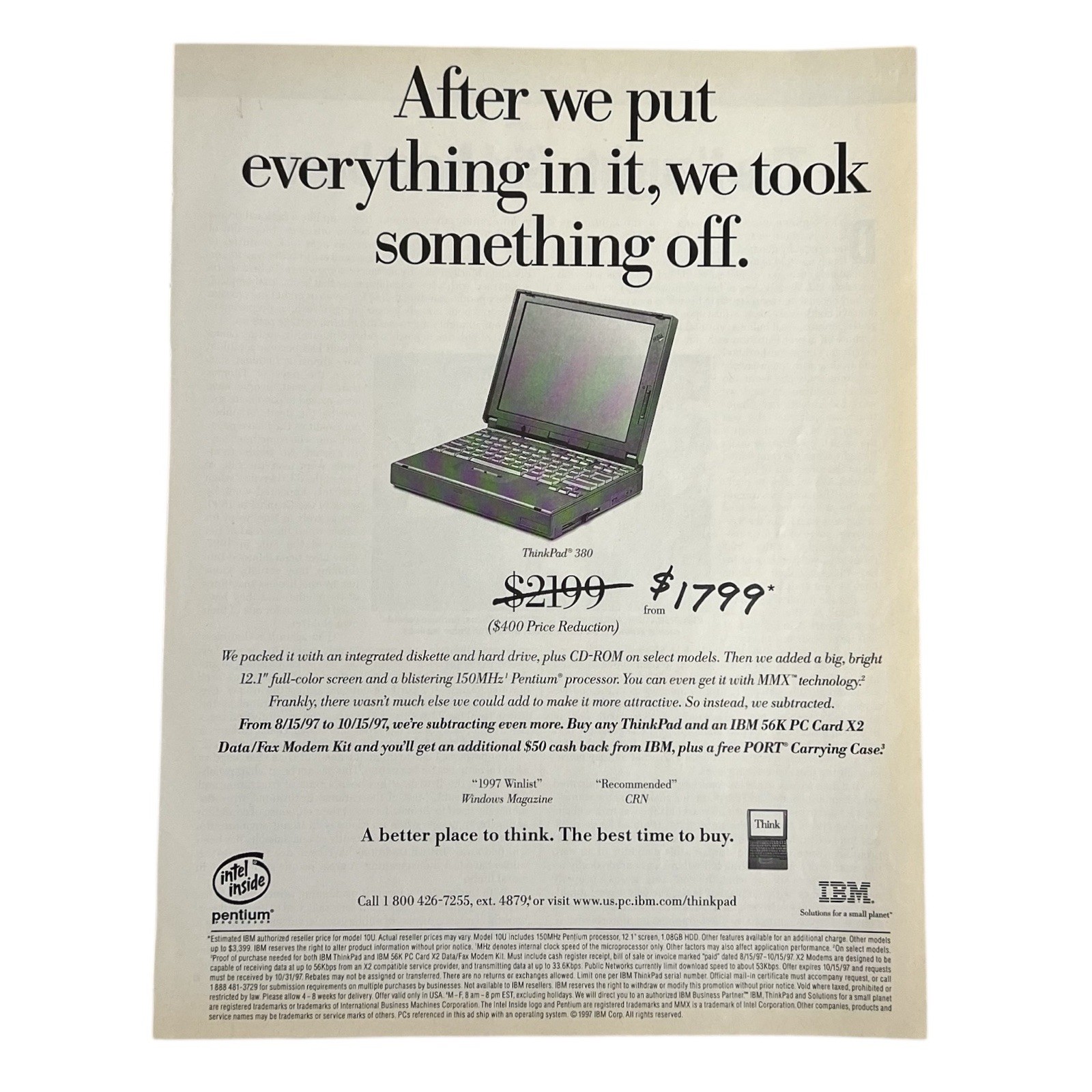 Vintage 1997 IBM ThinkPad 380 Laptop Computer Magazine Ad Intel Pentium 8 x 10.5