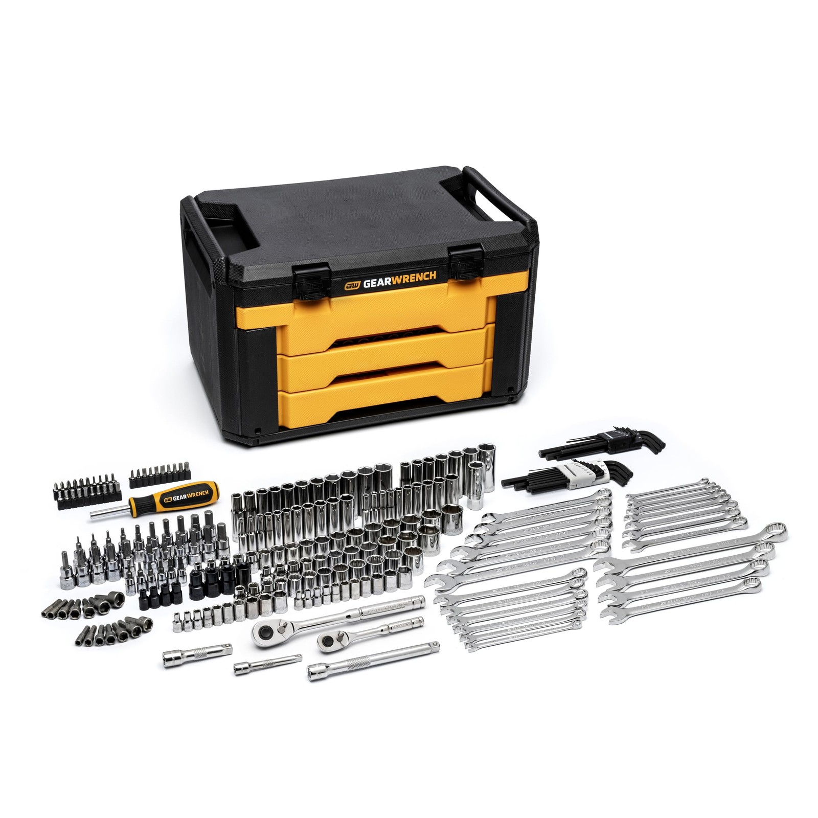 GEARWRENCH Mechanics Tool Set in 3 Drawer Storage Box, 232 Pc, 1/4 Silver