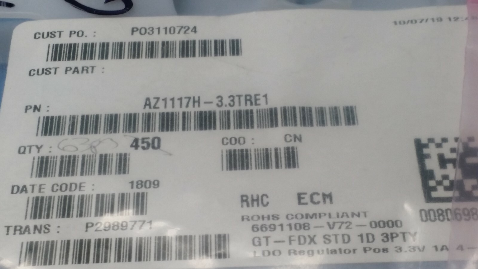 (10 PCS) AZ1117H-3.3TRE1 DIODES INC. IC REG LINEAR 3.3V 1A SOT223 ROHS
