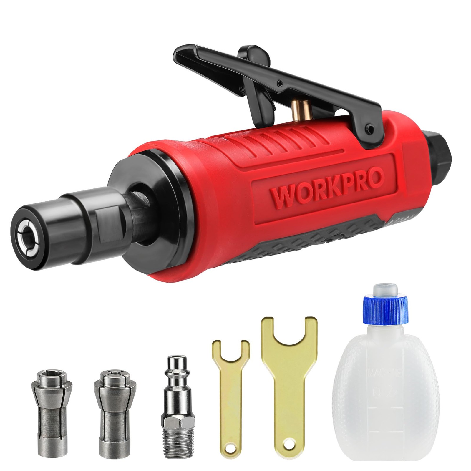 WORKPRO Pneumatic Straight Die Grinder, 25000 RPM, 1/4" & 1/8" Collets Red