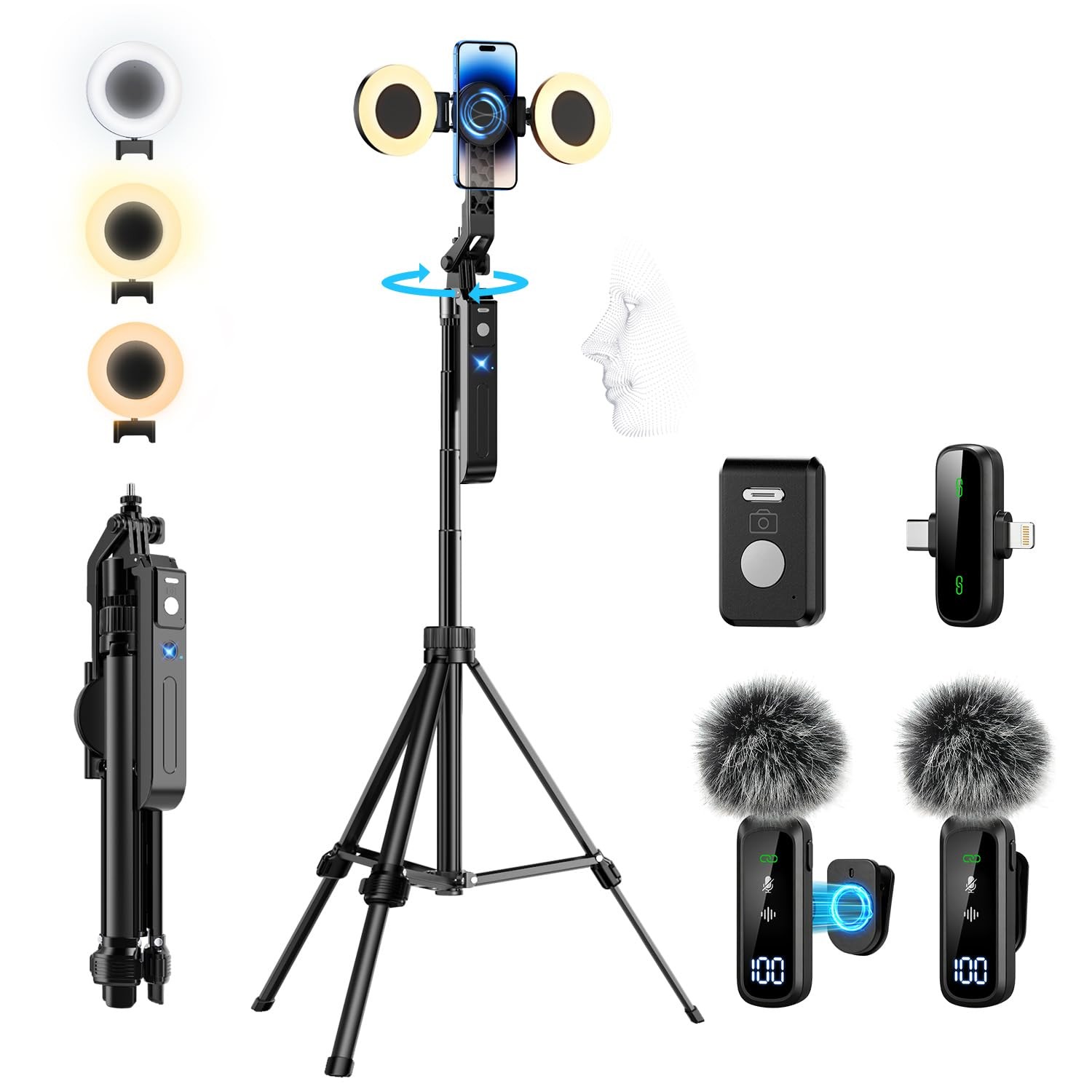 yAyusi Magnetic Vlogging Kit for iPhone/Android, 71" Auto Face Tracking black