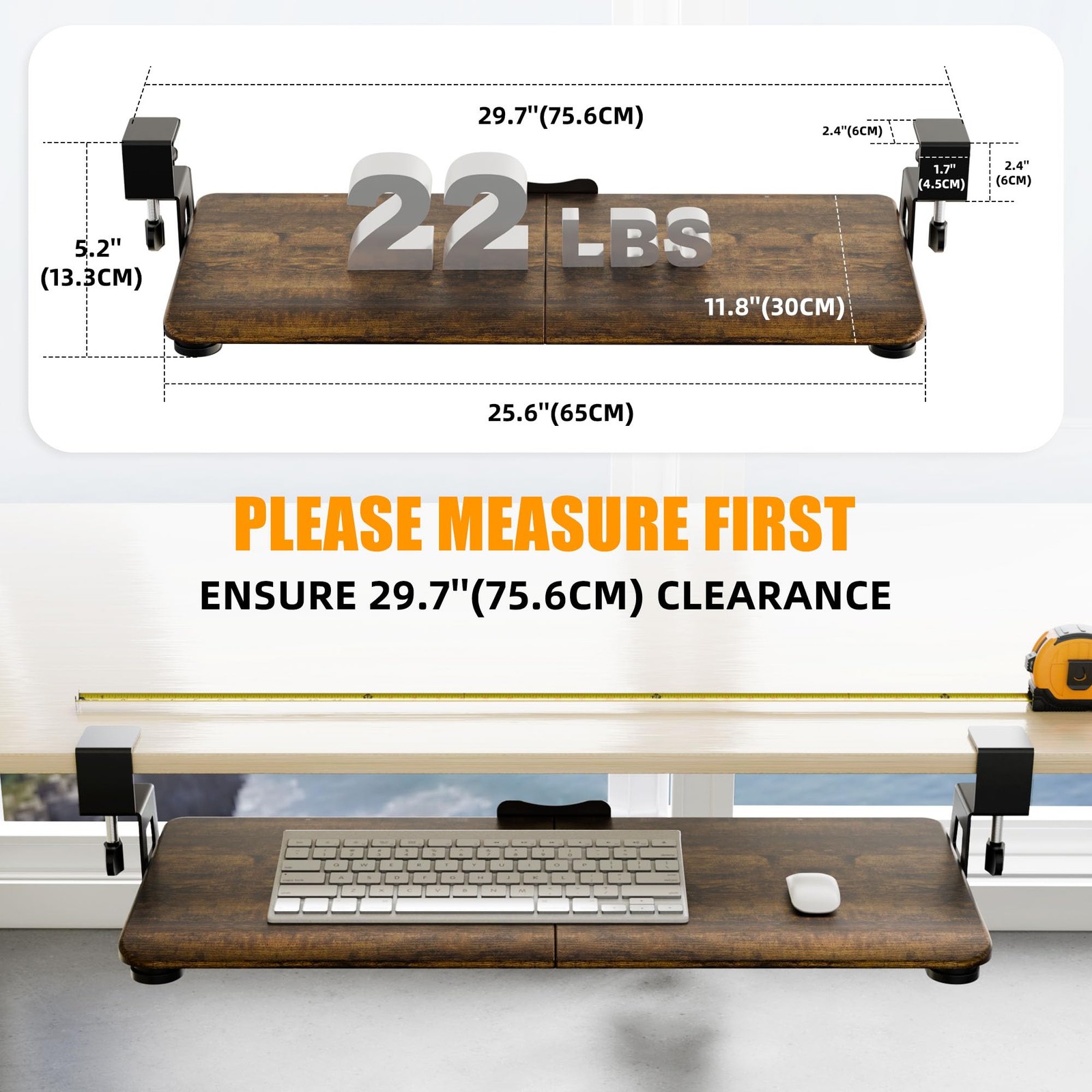 Keyboard Tray Under Desk, Pull Out Keyboard Tray with Clamp Mount, 25.6" (29....