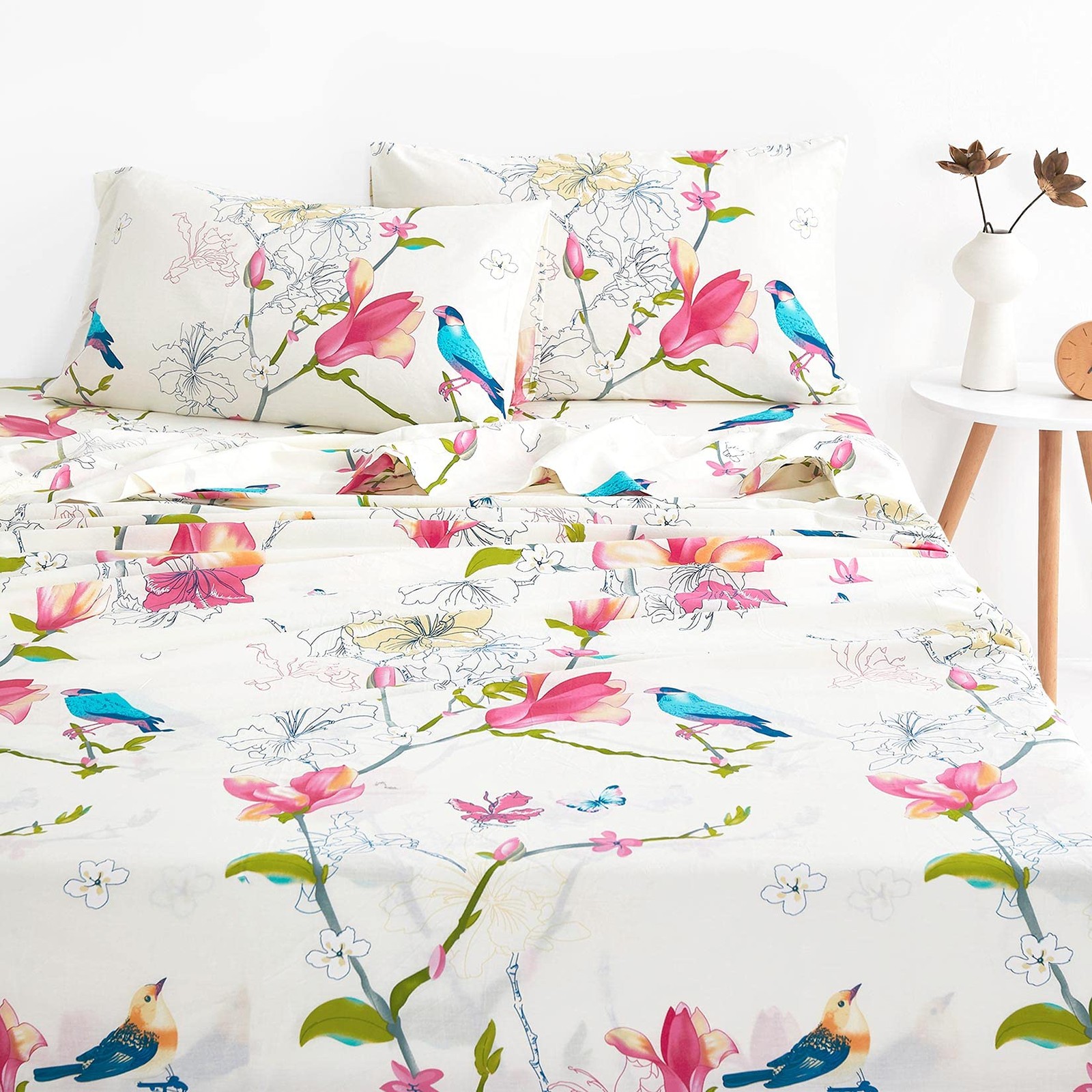 - Floral Bed Sheets, 100% Cotton, 4-Piece Sheet Set, Bird Patterned Printed B...
