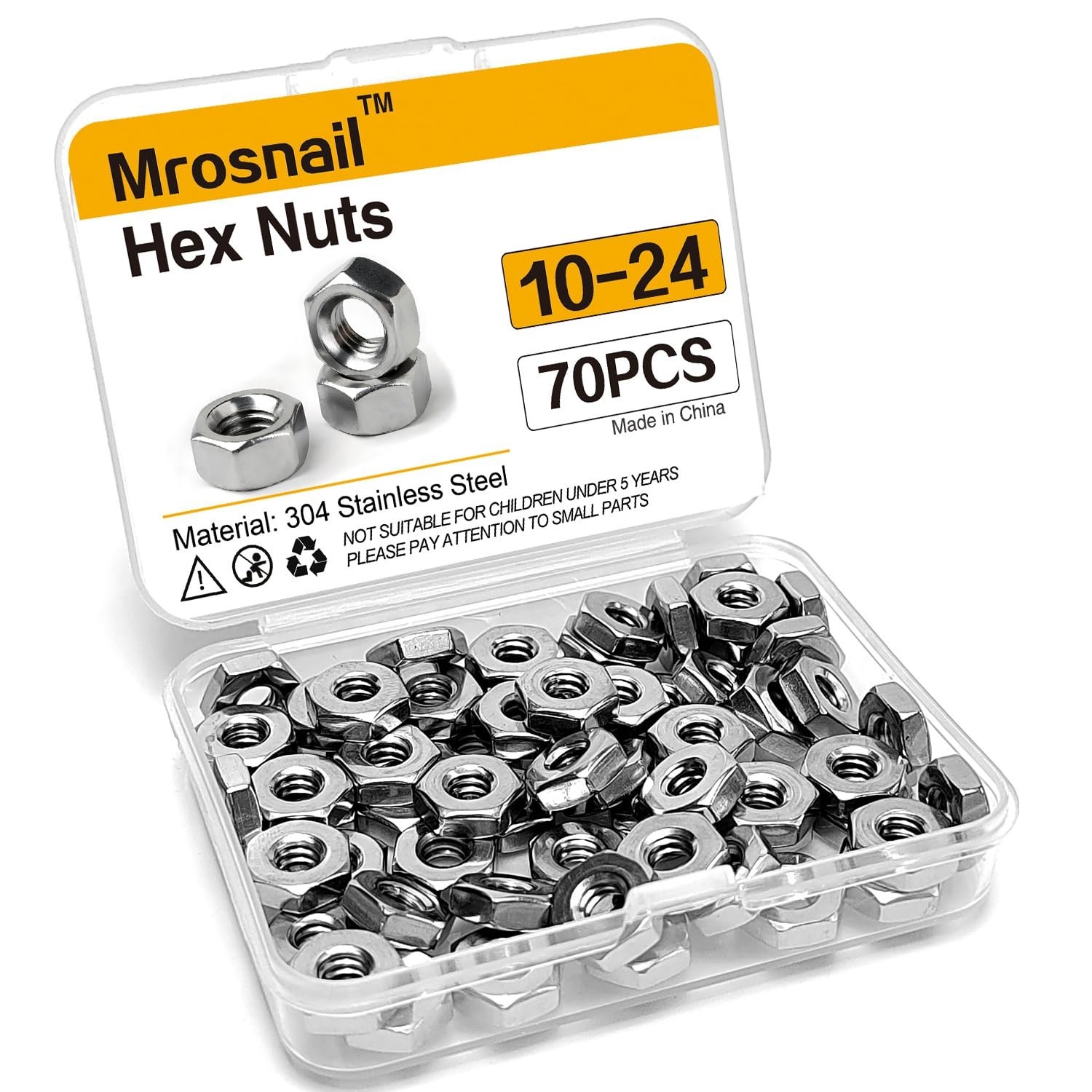 70Pcs SAE 10-24 Hex Nuts, 304 Stainless Steel Hardware Nuts, Full Thread Hex ...