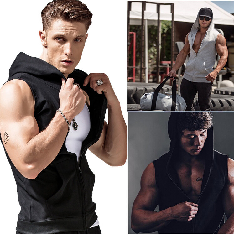 ON SALE!! Men's Sleeveless Zipper Hoodie Hooded Workout Gym Sport Vest Tank Top