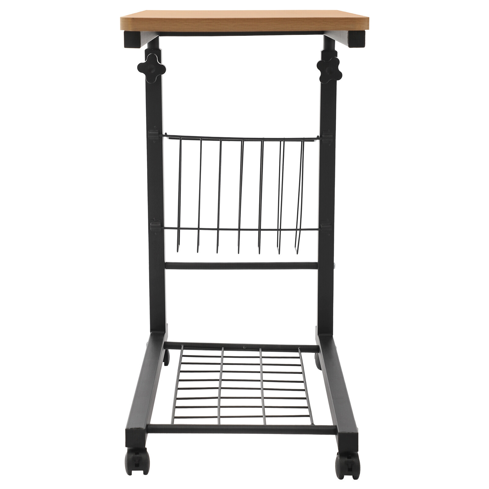 Height Adjustable C-Shaped Teak 2-Tier Bedside Table with Wheels & Brakes