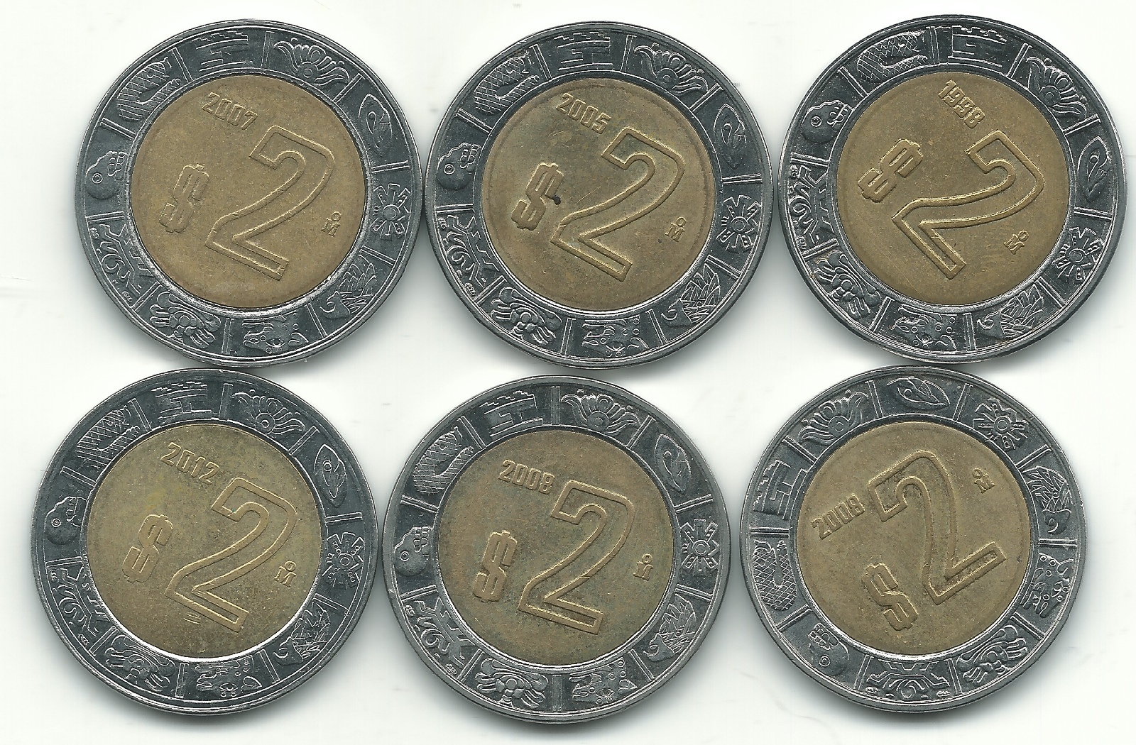 LOT 6 MEXICO $2.00 2 PESOS BIMETAL (SNAKE)-1998,2005,2007,(2)2008,2012-APR600
