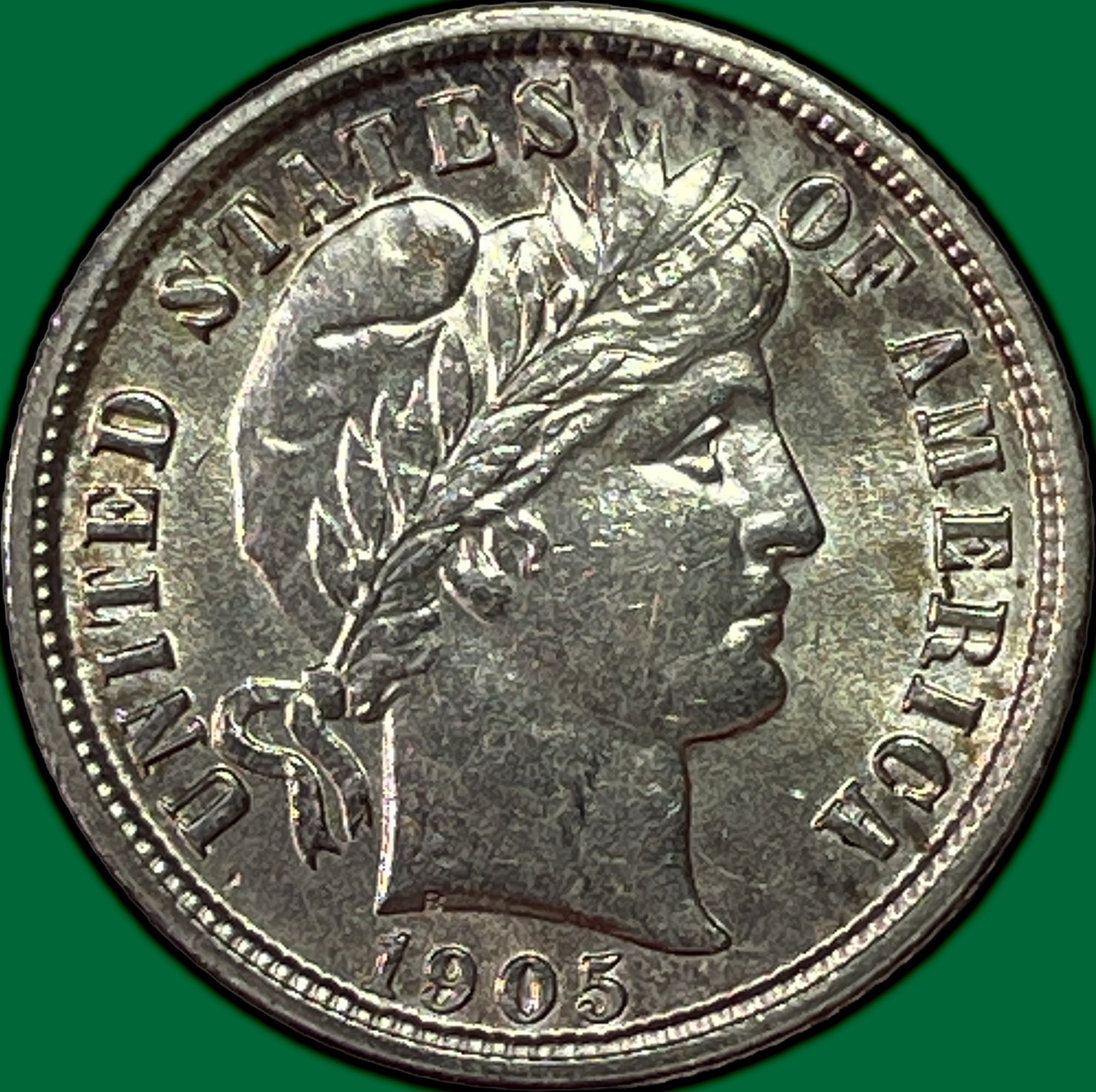 1905 Barber Dime Uncirculated UNC Coin, Cleaned #40774