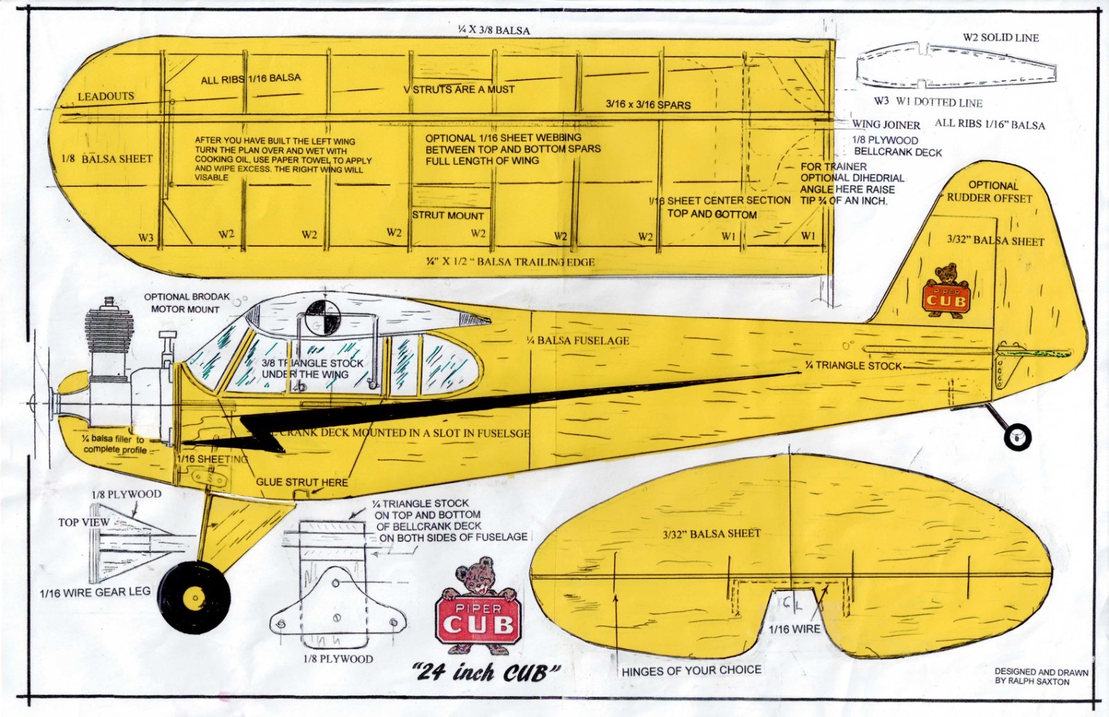 1/2 A profile "J-3 Piper Cub" an ever popular sport flyer U-Control plans