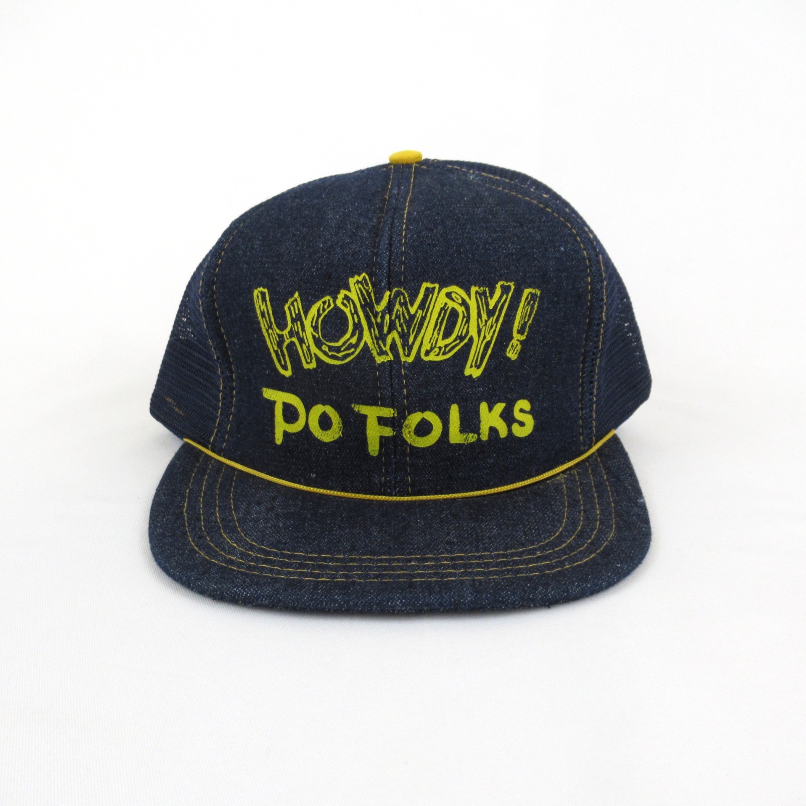 Vtg Howdy Po Folks hat snap back mesh trucker restaurant cap 1990s blue denim