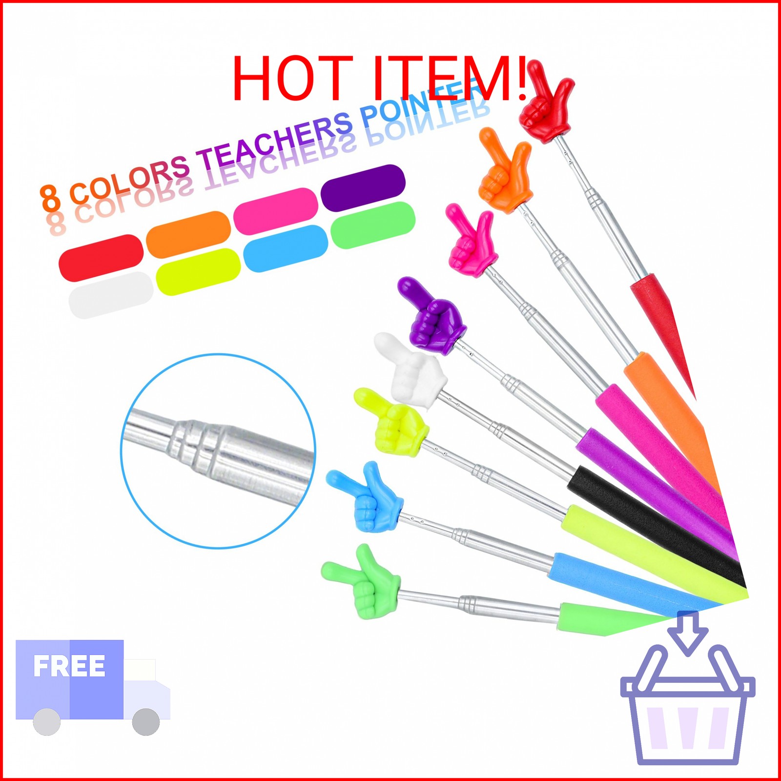 8Pcs Telescopic Teachers Pointer, Mini Pointer Finger Stick for Classroom, Retra