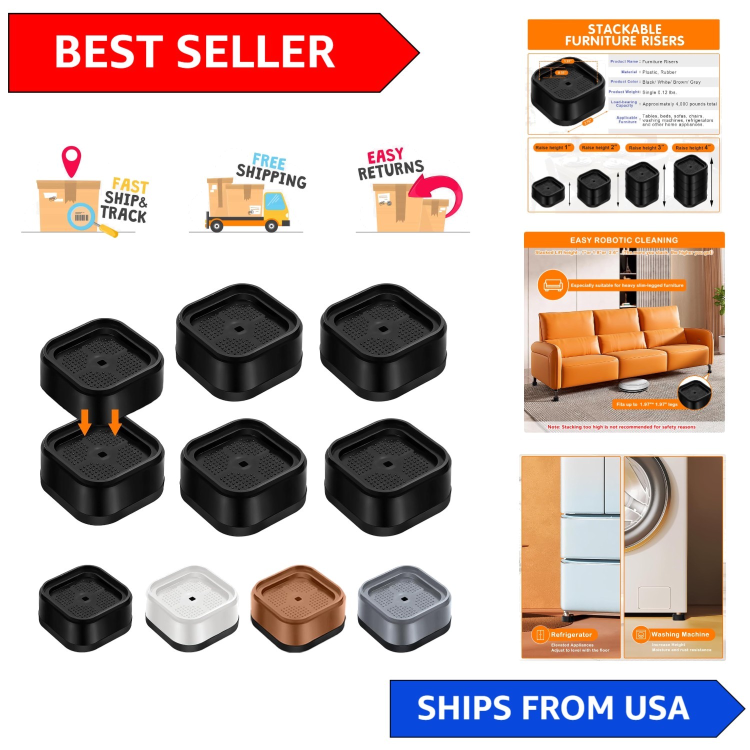 4 Pack Adjustable Furniture Risers - Heavy Duty Non-Slip Design for Stability
