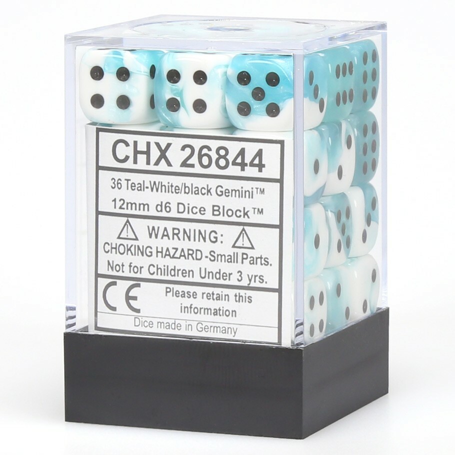 CHESSEX GEMINI 12mm SET OF 36 D6 TEAL-WHITE & BLACK FOR WARHAMMER MTG