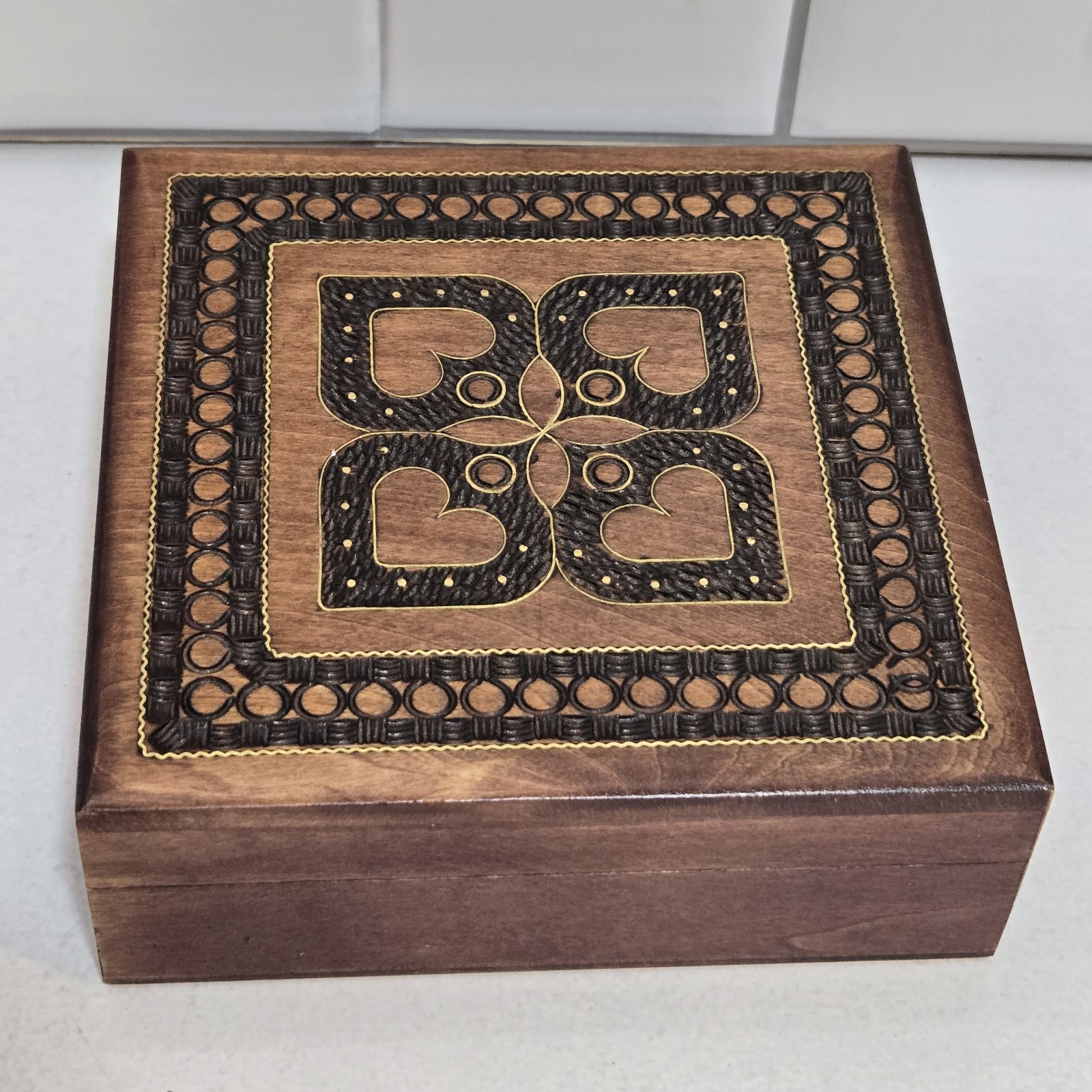 Hand Carved Wood Hinged Tricket Box Brown Hearts Made In Poland