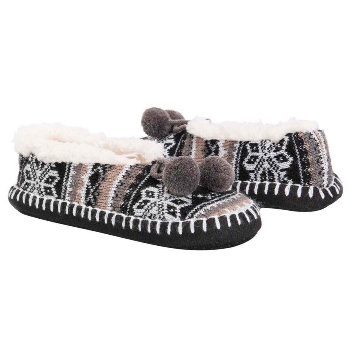 Muk Luks Women's Pom Ballerina Slippers Black/White/Tan/Gray - Sz L/XL ~ NWT