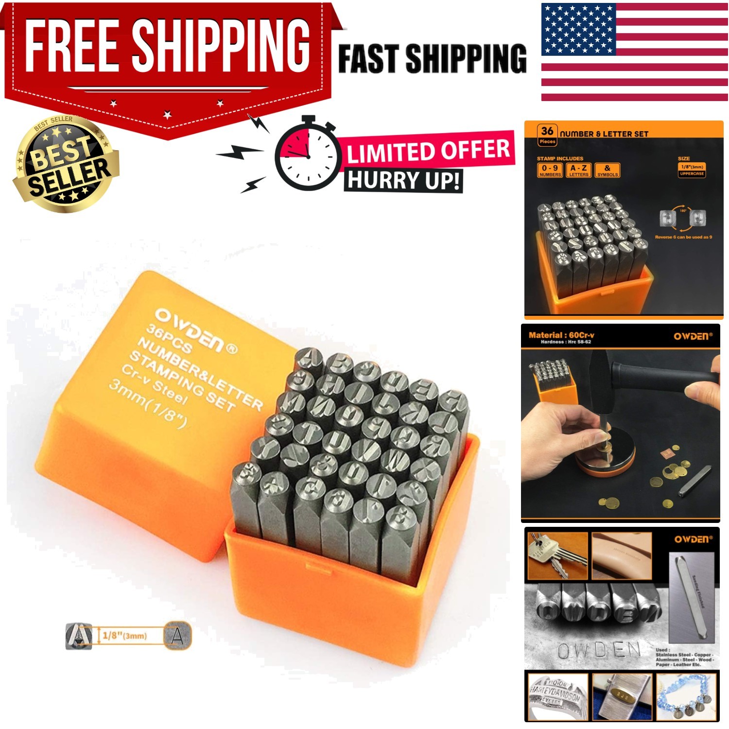 Professional 36Pcs. Steel Metal Stamping Tool Set,1/8” 3mm,Steel Number and L...