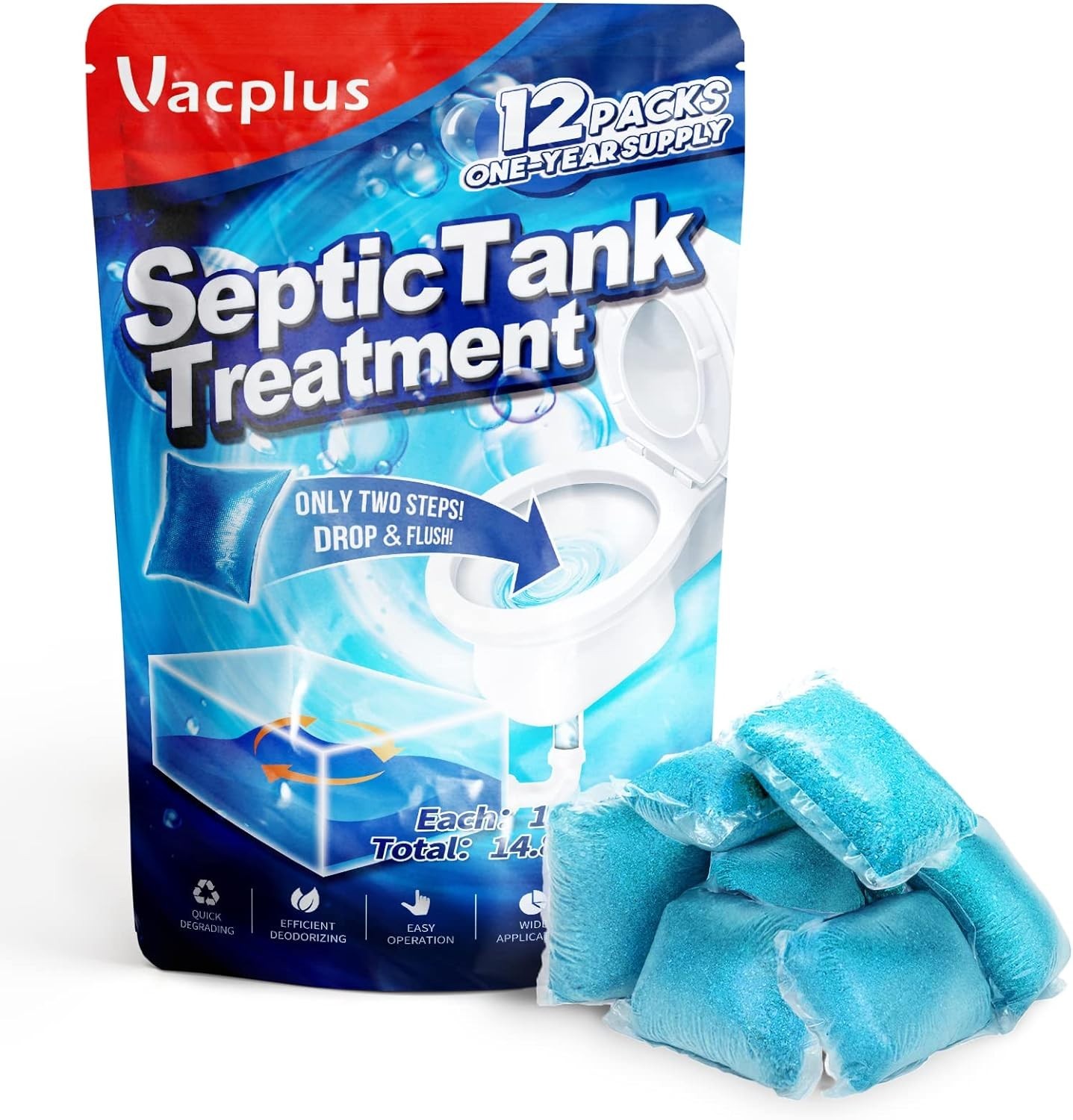 Vacplus Septic Tank Treatment 12 Pcs 1-Year Supply, 2X Efficiency
