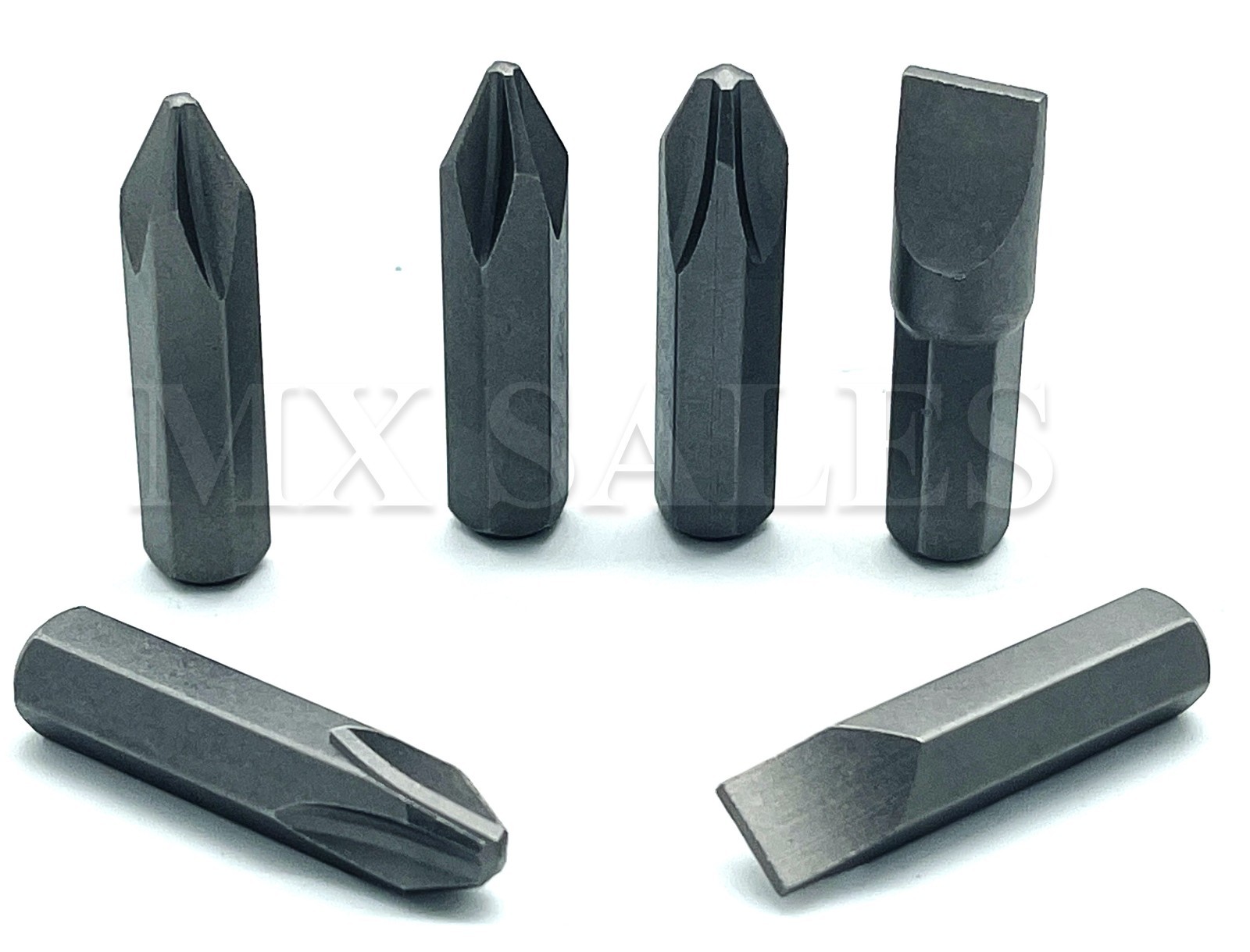 6 pc Impact Driver Bits Phillips #2 #3 Slotted Flat 3/8" 5/16" Hex Shank Hammer