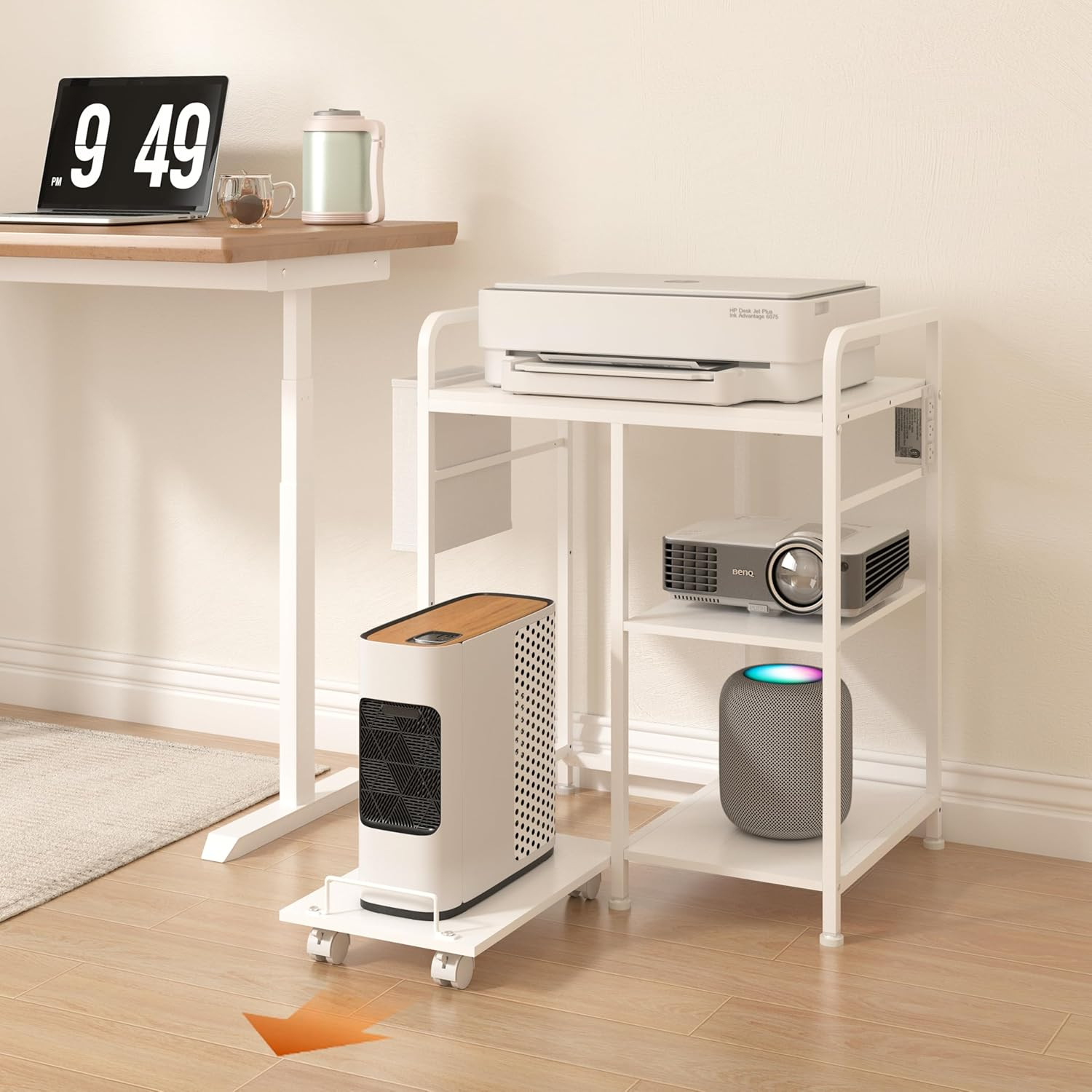 Home Printer Stand with Charging Station & Storage for Office - White
