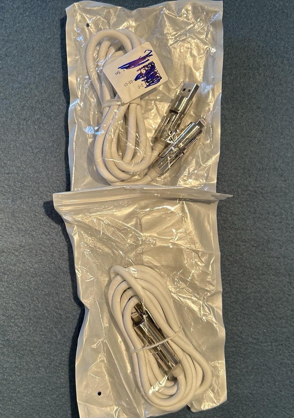Lot of 2 White iPhone Cable Cords with Metal Connectors, Sealed New