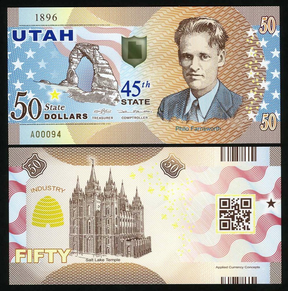 USA States, Utah, $50, Polymer, ND (2020) - Philo Farnsworth, Salt Lake Temple F