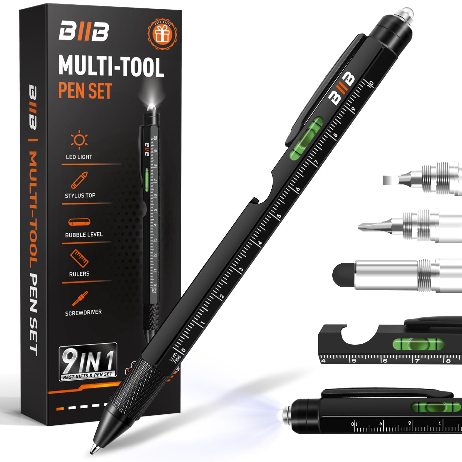 BIIB Gifts for Men 9 in 1 Multitool Pen, Mens 1 Count (Pack of 1), Black