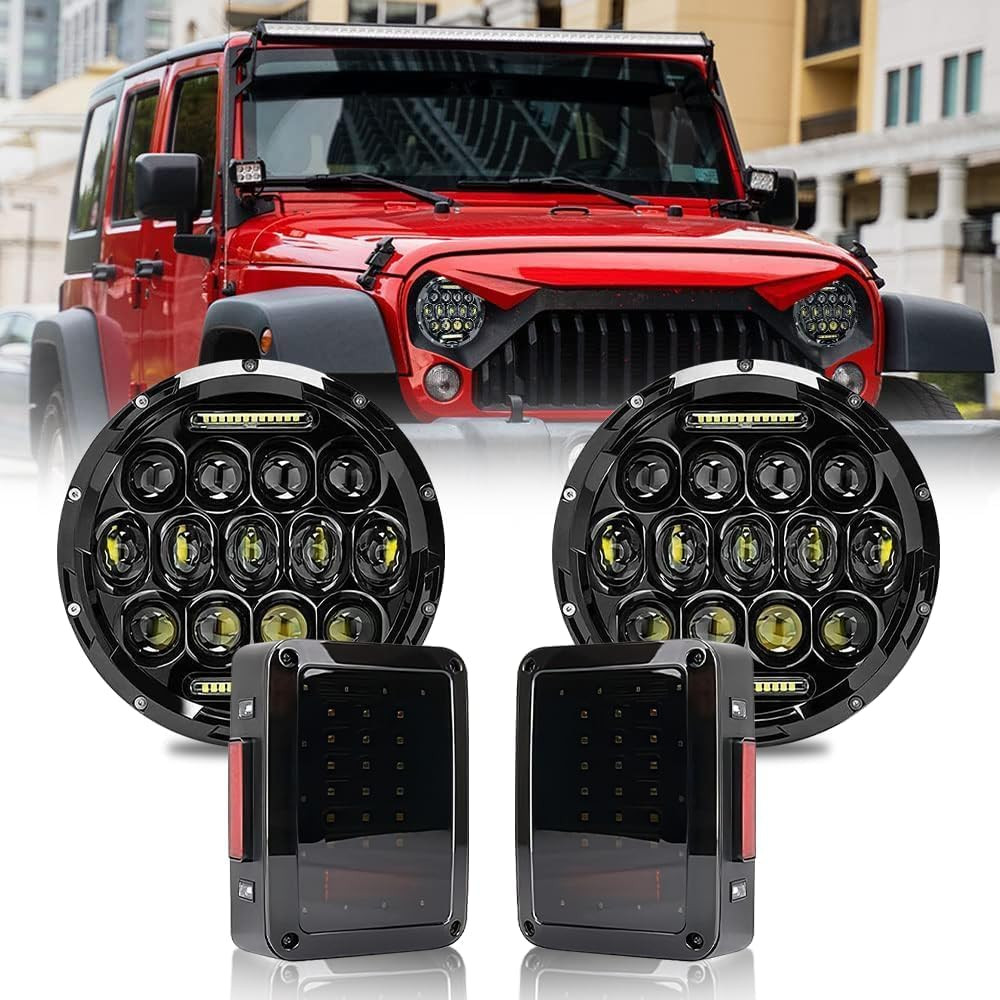 7" LED Headlights (Black) + Smoked Taillights for Jeep Wrangler TJ LJ JK 1997–20