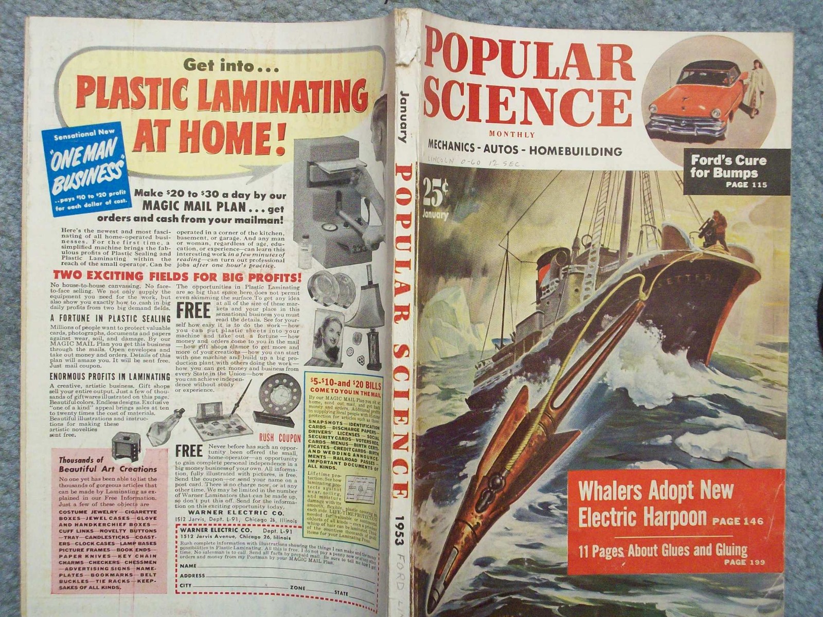 1953 POPULAR SCIENCE JANUARY  FORD’S CURE FOR BUMPS  WHALERS NEW ELECTRIC HARPOO