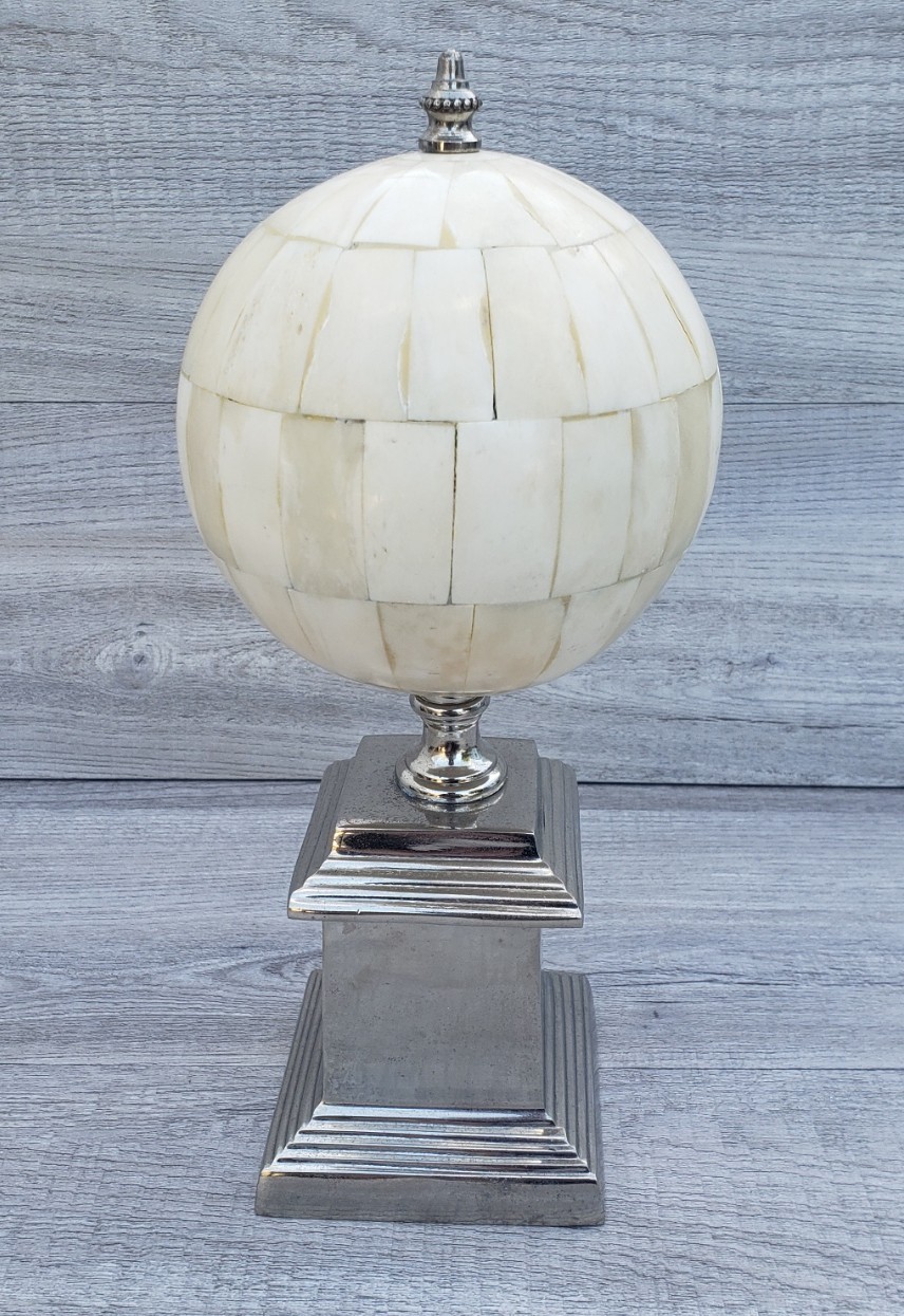 Bone Inlay Decorative Globe With Aluminum Base Handcrafted Pleated Design