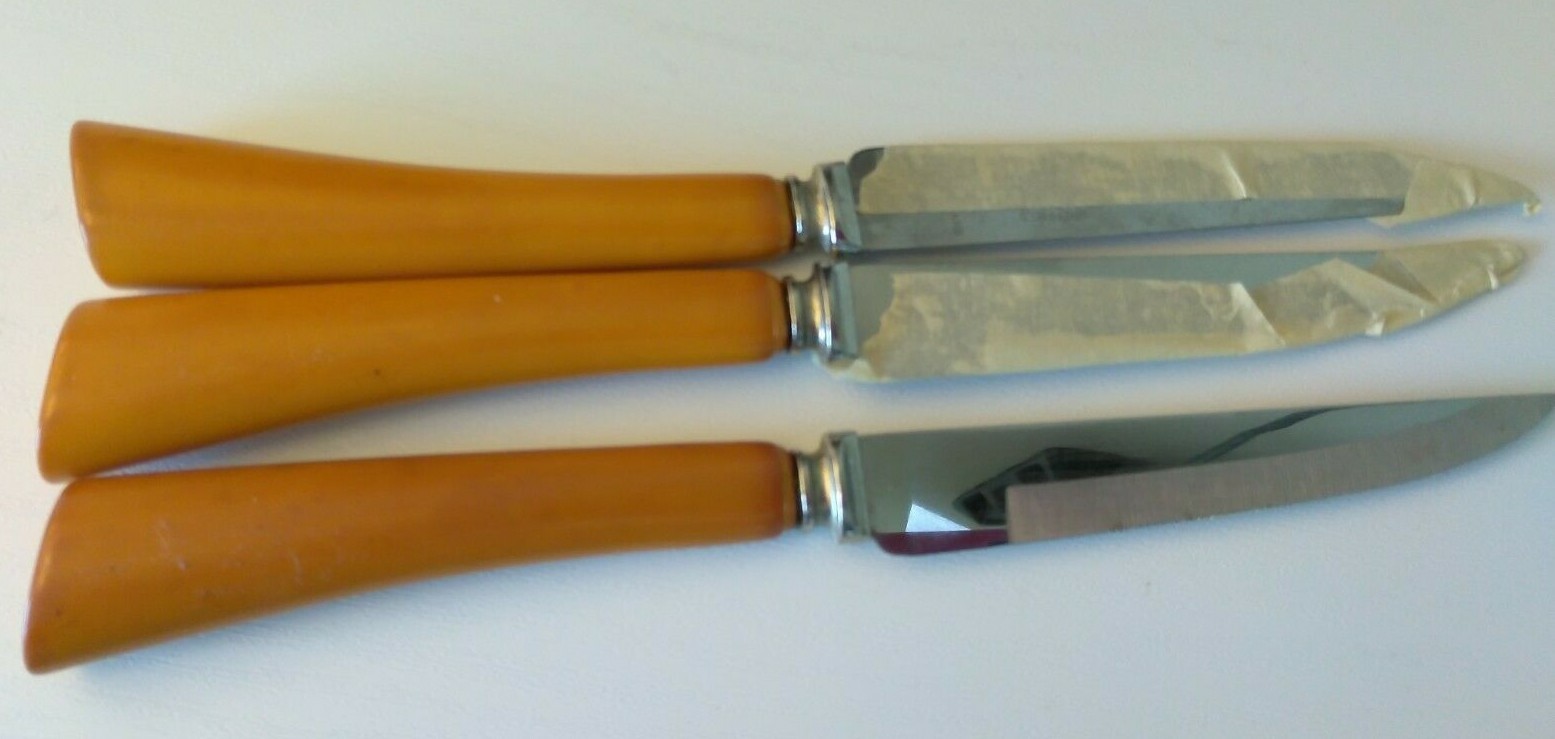3 Antique Sheffield Real Butterscotch Bakelite Knives England