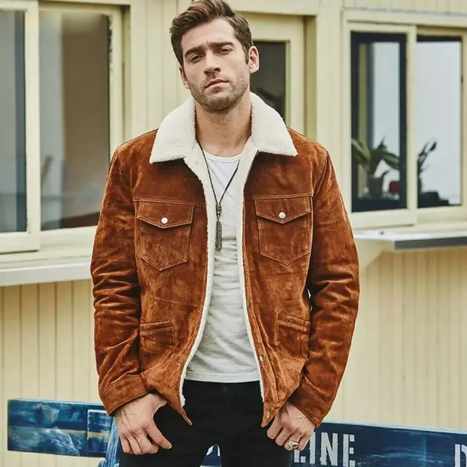 Mens Brown Bomber Aviator Real Suede Christmas Leather Jacket Faux Fur Shearling