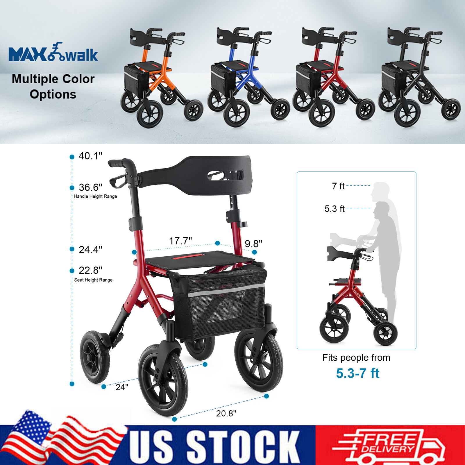 All-Terrain Rollator Walker with Seat, Outdoor Rolling Walker, 12" Rubber Wheels