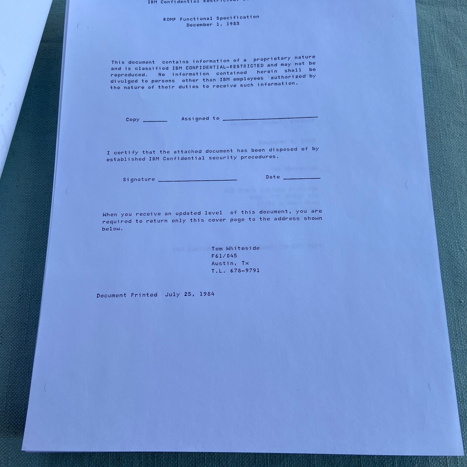 IBM ROMP Processor Copy Functional Specification 1983 Vintage Book Manual 32 Bit