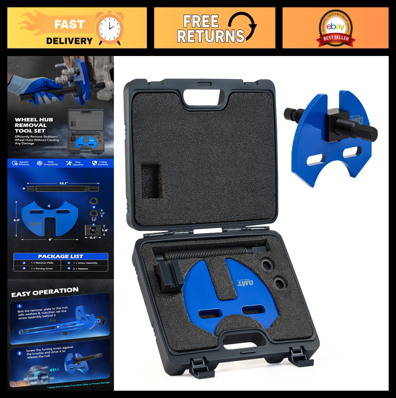 Wheel Hub Removal Tool Kit - 5/6/8 Lug Bearing Puller Set for Cars & Trucks