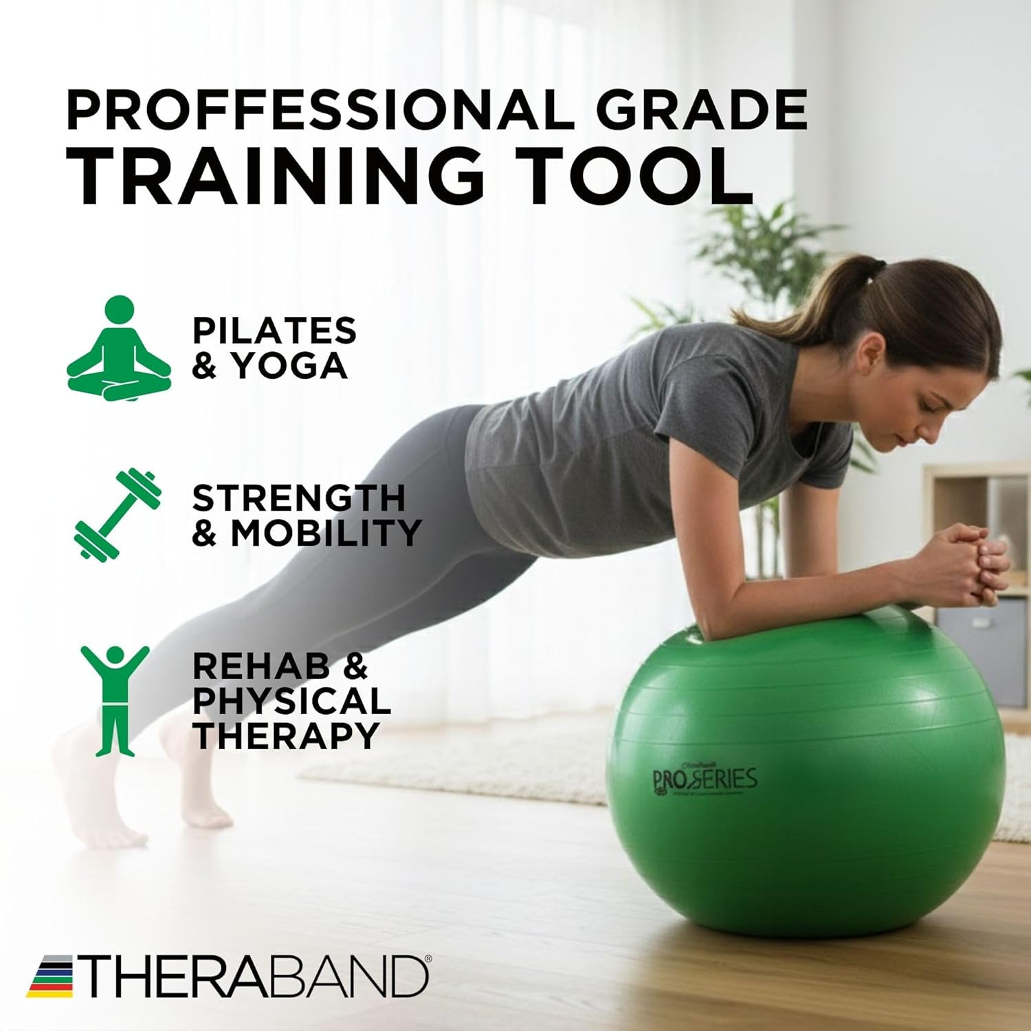Pro Series Exercise Ball, 26" Green Stability Trainer for 5'7"–6'1" Users, Anti-