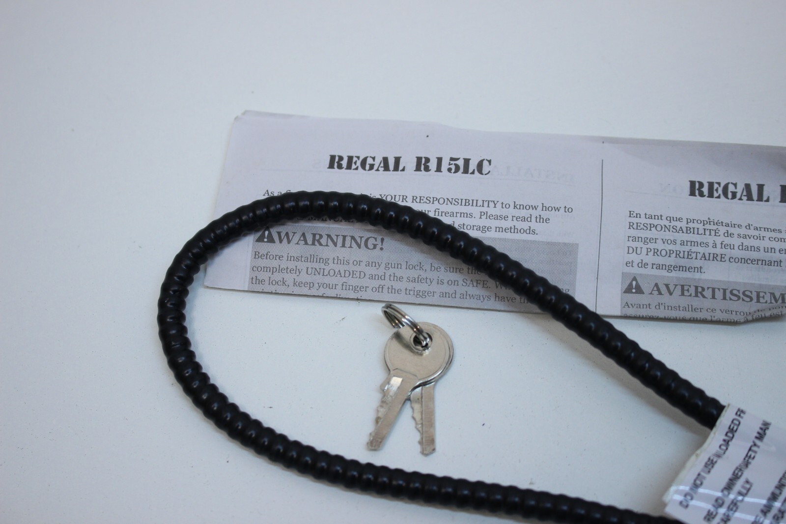 Regal R15LC Firearm Black Cable Lock With 2 Keys & Instructions